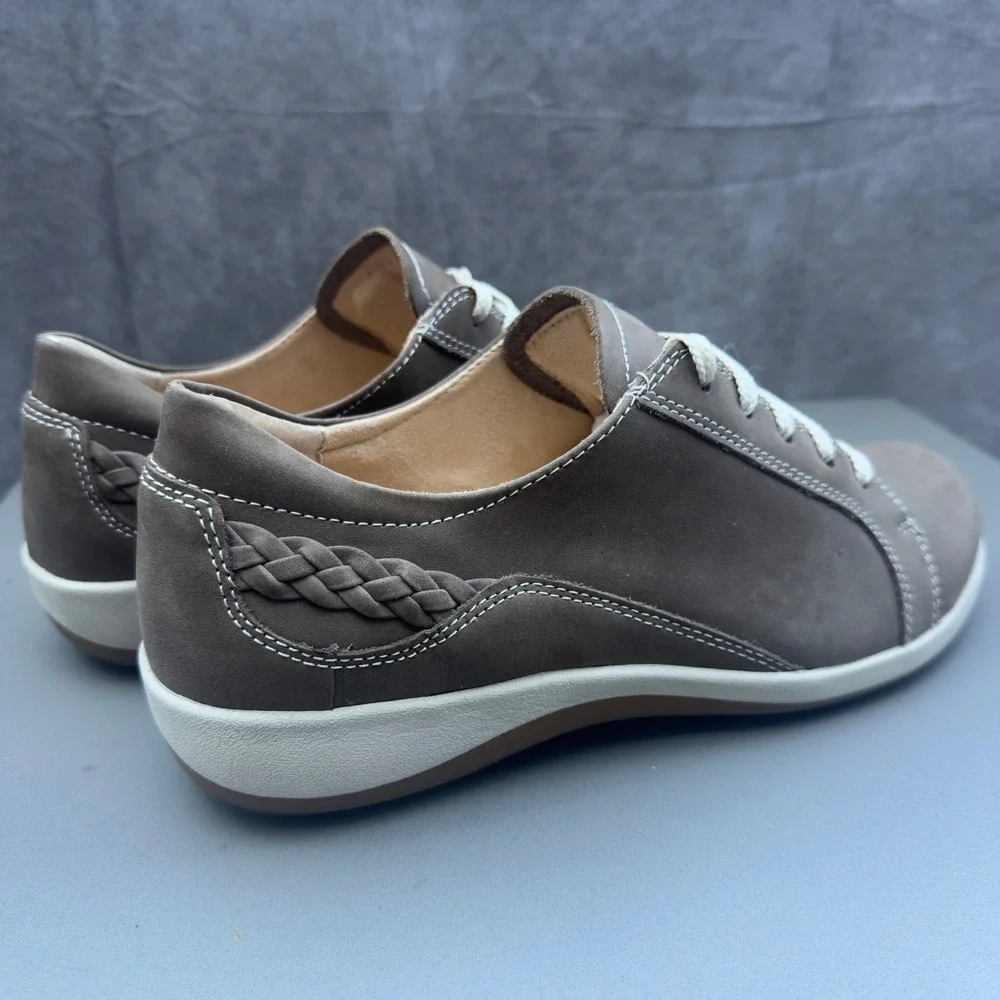 Aetrex Dana Leather Sneakers 10.5-11 Taupe Grey Braided Walking Shoes DM306WM